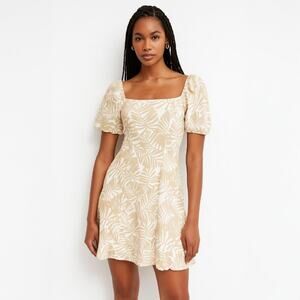 A313 • Beige Tropical Leaf Puff Sleeve Mini Dress